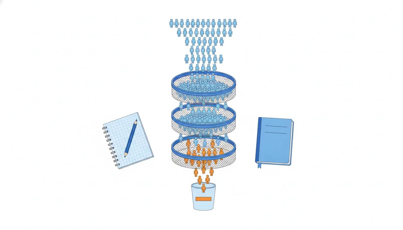 A tower of stacked sieves, each passing on part of a stream of figures, leaving a small orange group at the bottom.