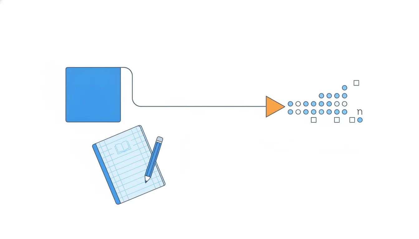A big square tile unrolls into one edge, and a range marker narrows as a crowd of dots grows larger.