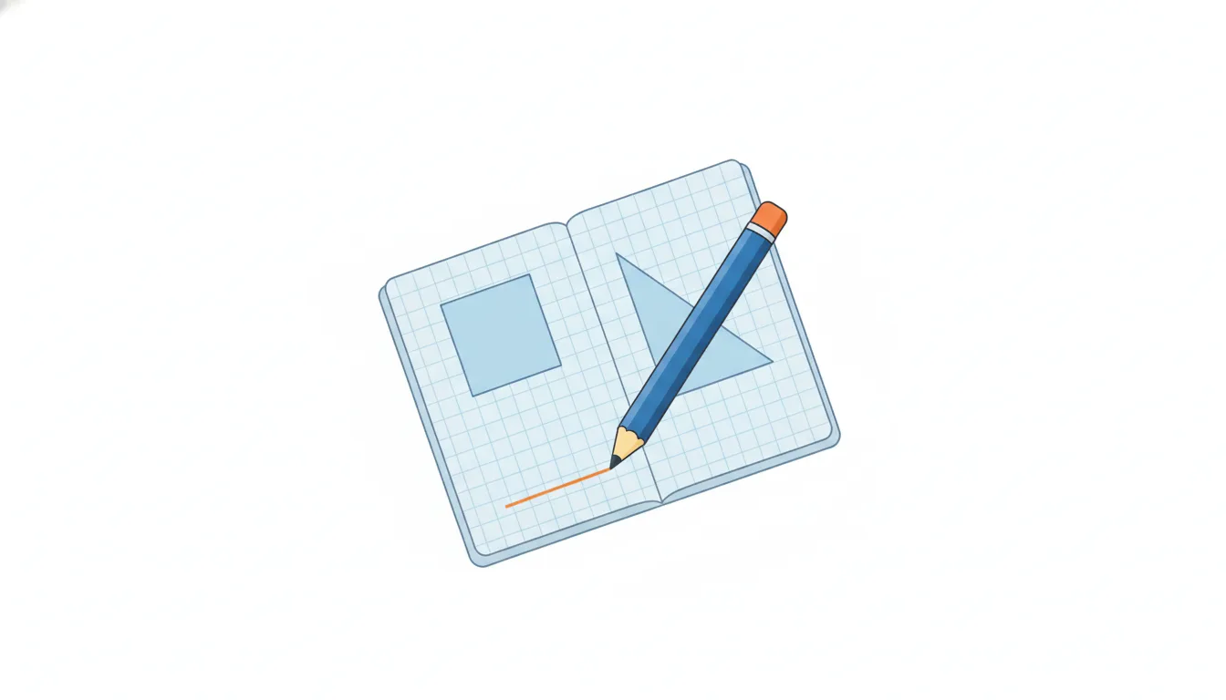 A grid notebook with a square and a right triangle drawn on it, the pencil tracing an orange diagonal.