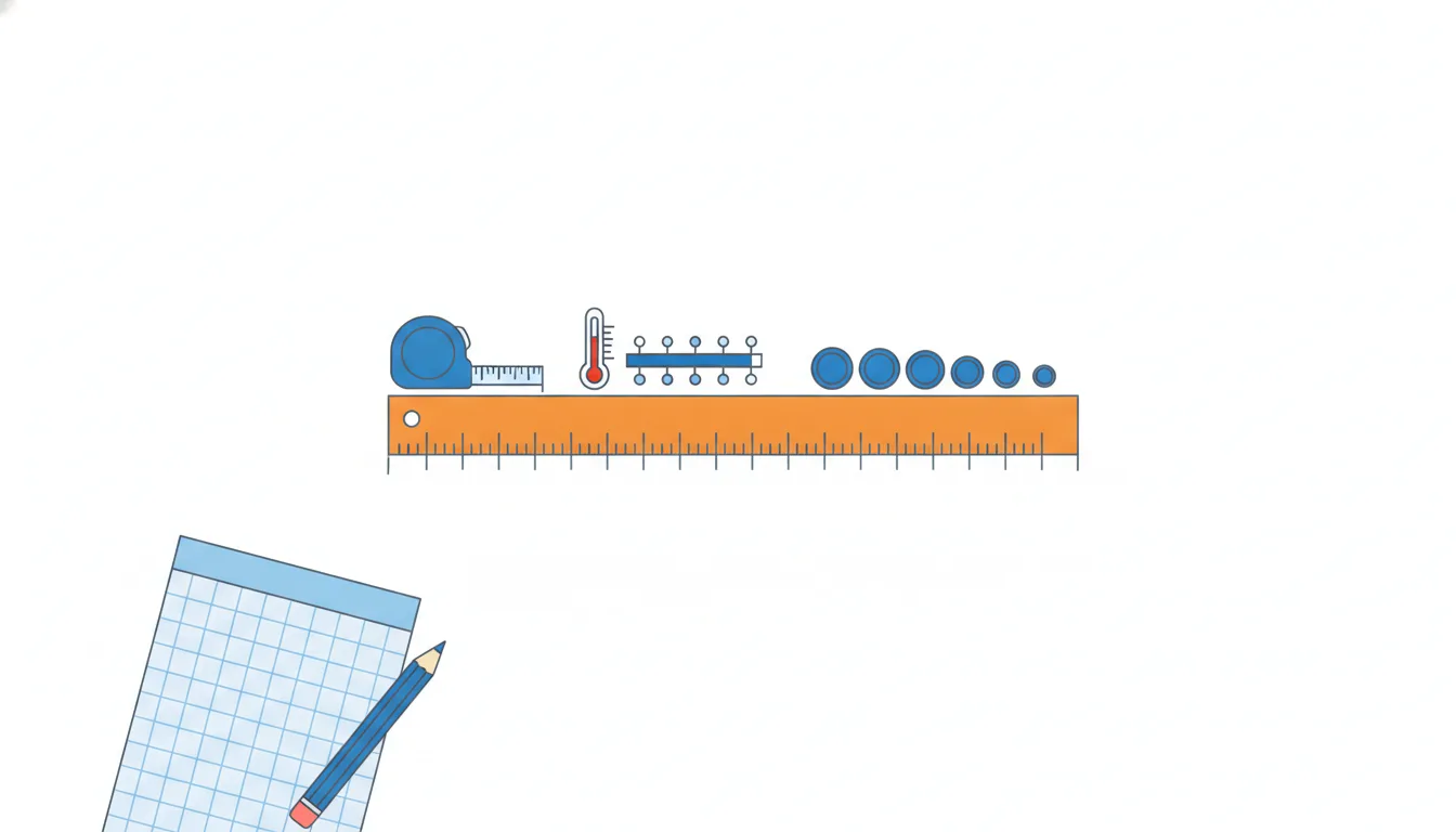 A tape measure, a thermometer and a scale of coins are redrawn onto one common orange ruler where their marks line up.