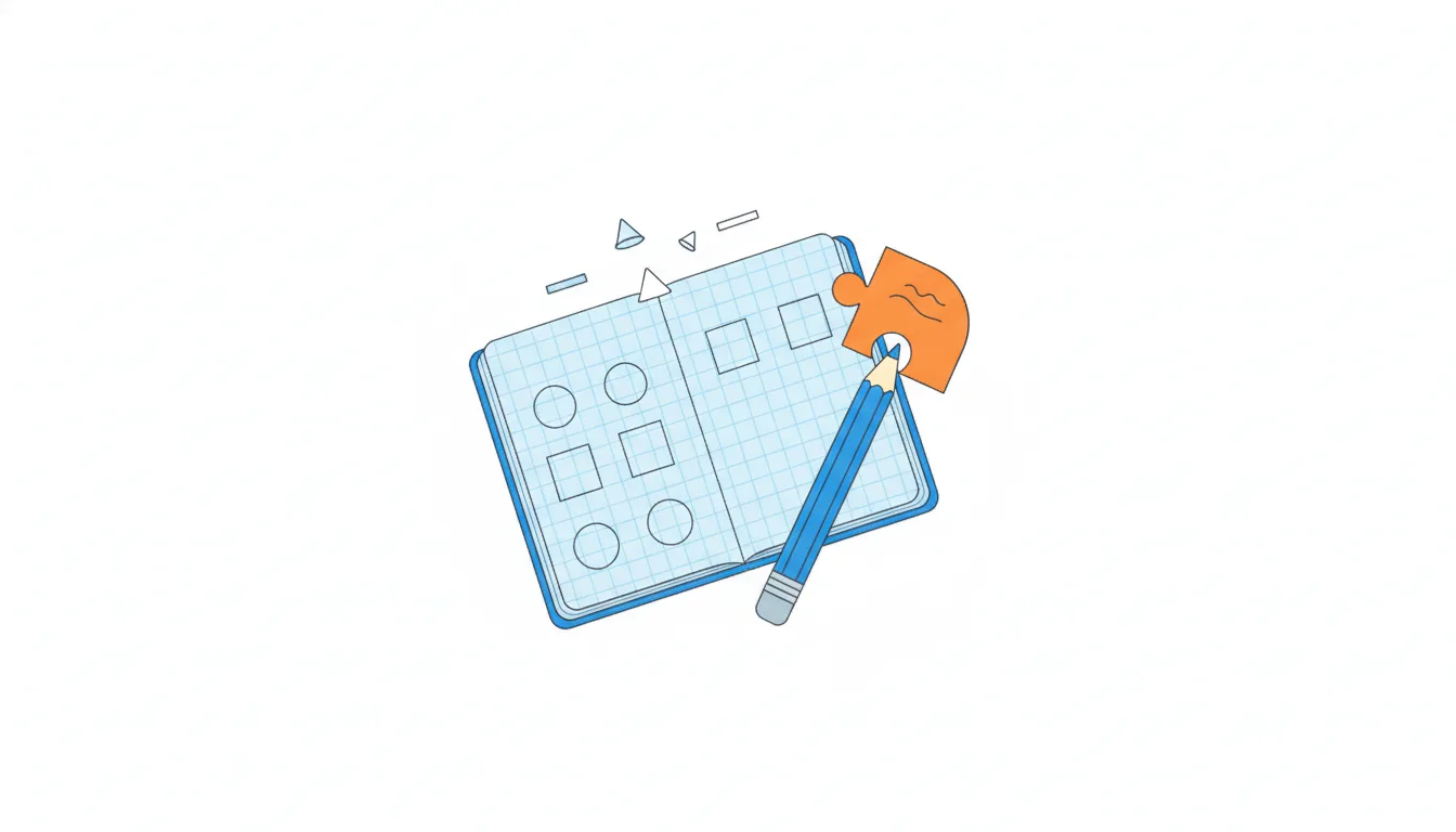 A grid notebook with circles and squares on the page, small hats and bars floating above them, the pencil placing an orange piece.