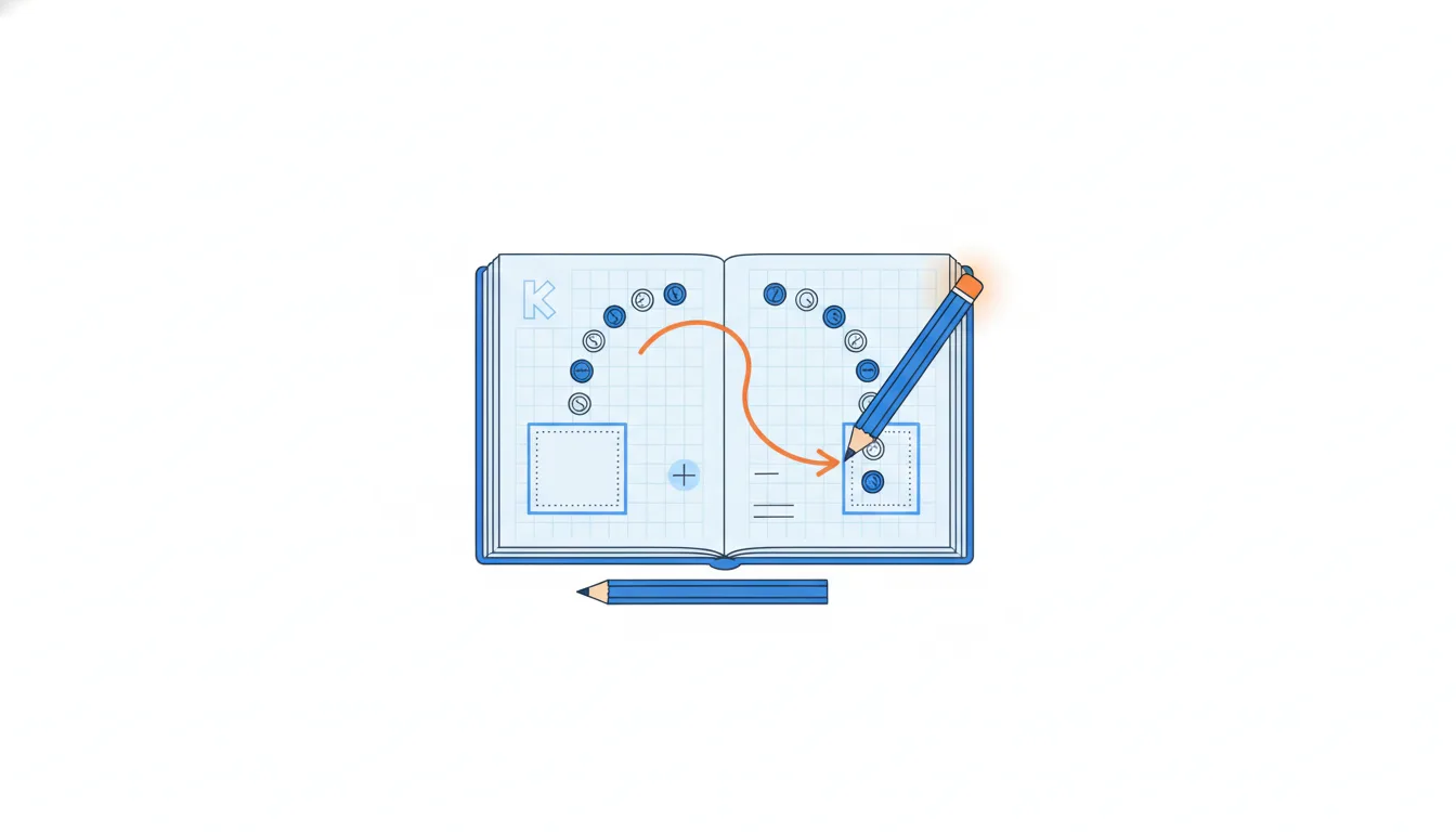 A grid notebook with a lesson package drawn on the page and coins flowing in and out, the pencil adding an orange arrow.