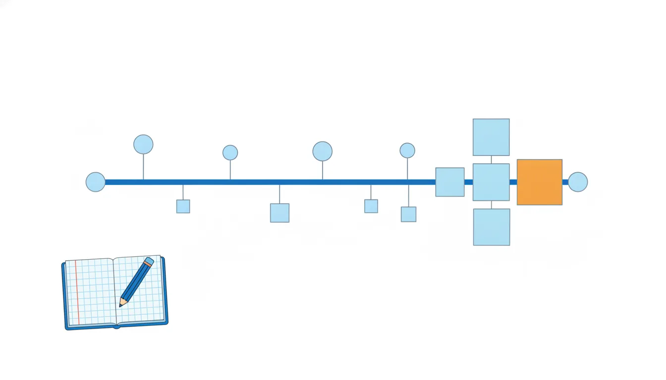 Dots around a central line, each linked by a stick that grows into a square tile, the largest tile orange.