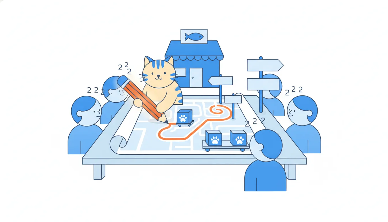 A road map unrolled on a table among nodding people, with a cat redrawing part of the winding road with an orange pencil.