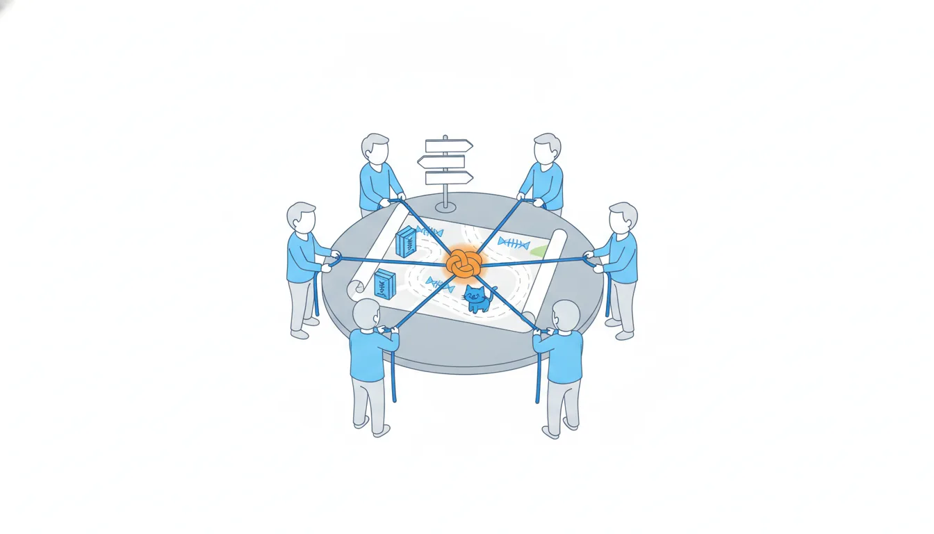 Several people around a table each hold a rope tied to one shared road map, all pulling the same way towards an orange knot, with a cat on the map.