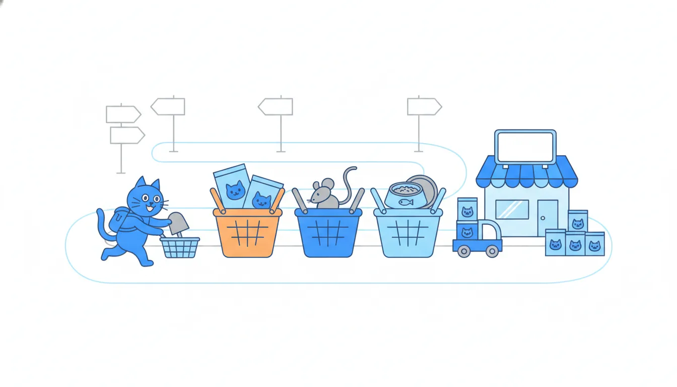 Small items such as a food bowl, a toy mouse and a delivery box are sorted into three big baskets along the road; one basket is orange.