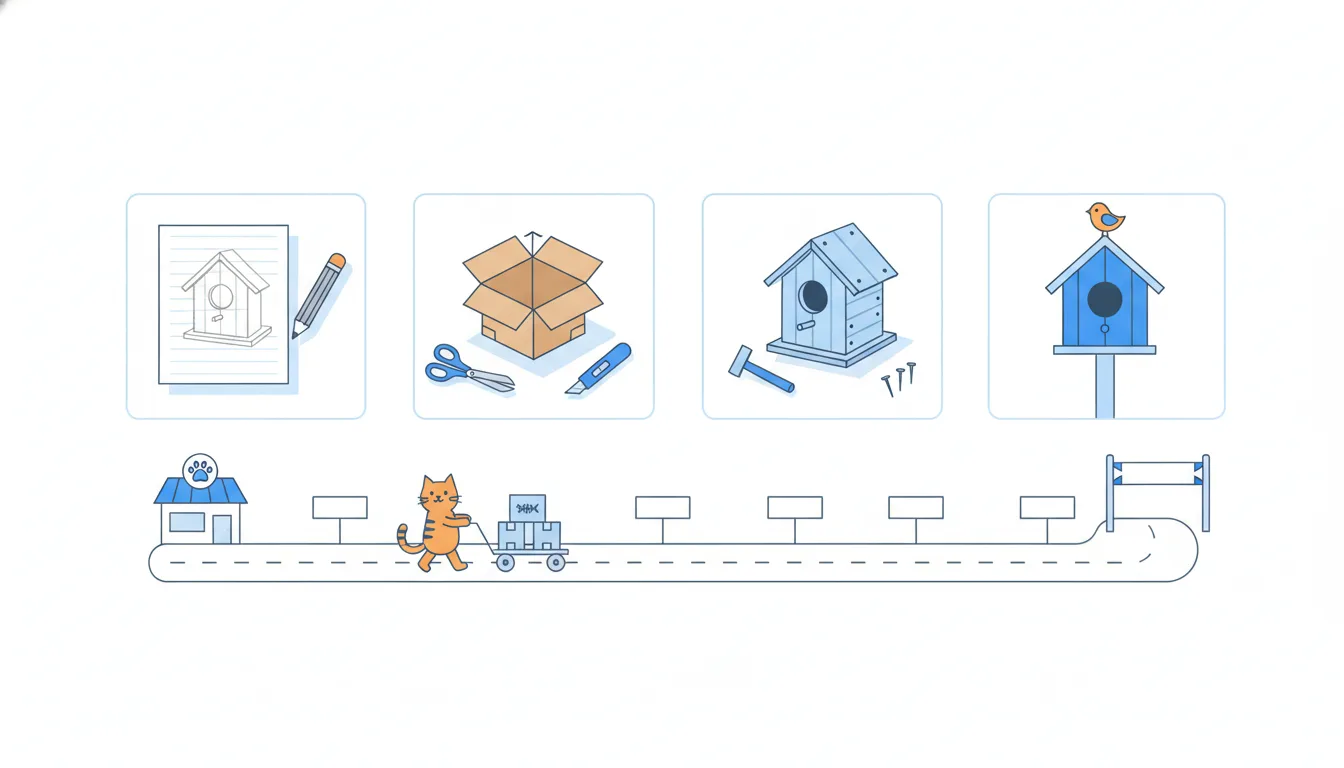 Four steps of making a birdhouse in a row: a pencil sketch, a cardboard model, a half-built wooden box and a finished birdhouse with a bird on top.