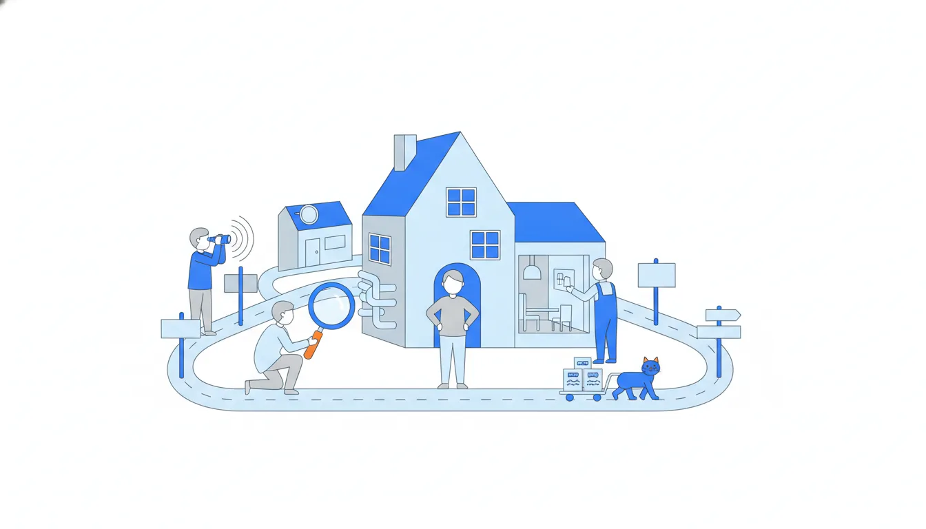 Four people view one model house: one through binoculars from afar, one with a magnifying glass at the pipes, one at the front door, one peering into a room.