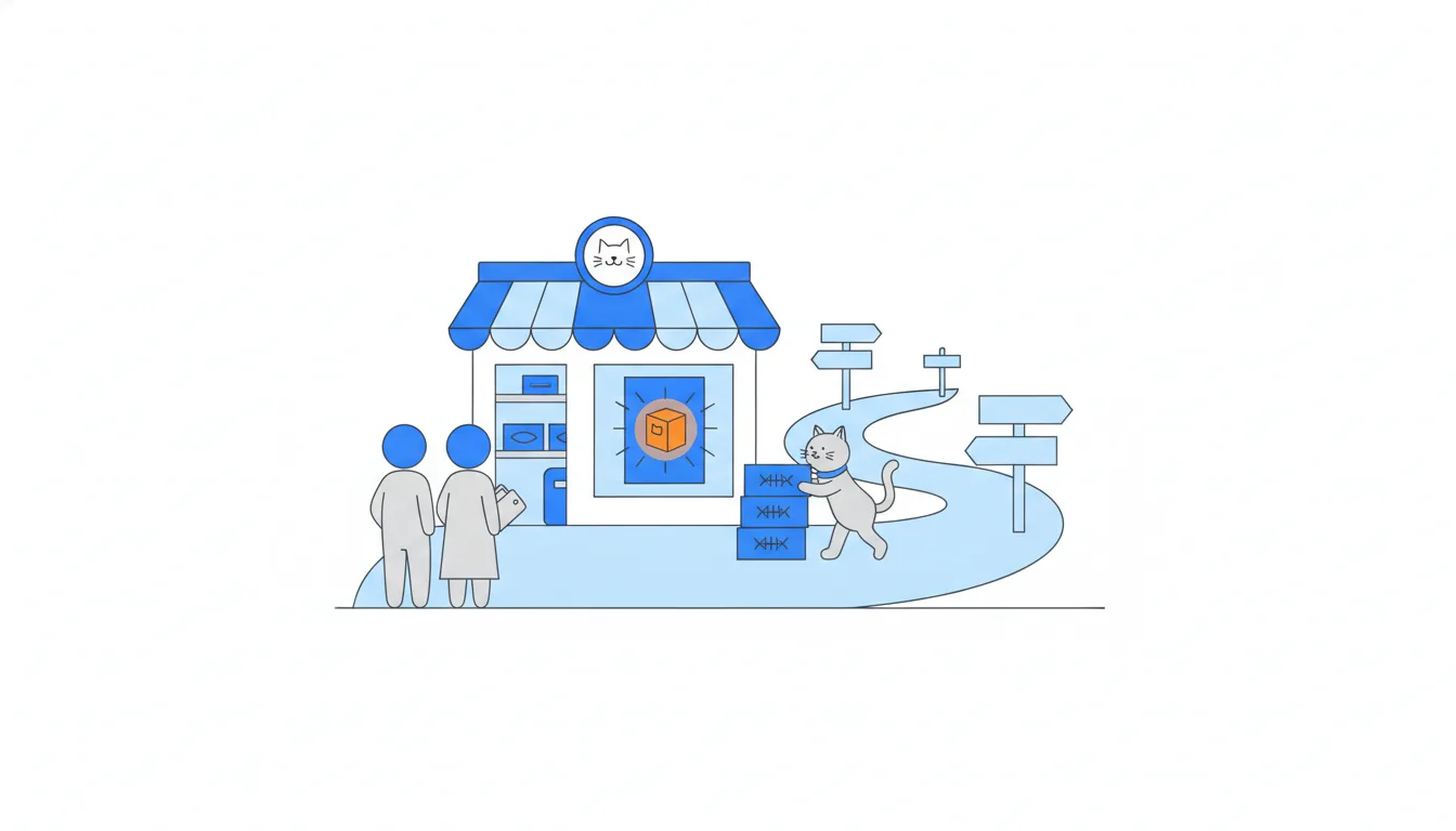 Shoppers turn away from a product on the shelf to stare at a poster of a shinier future product in the window, their wallets staying closed.