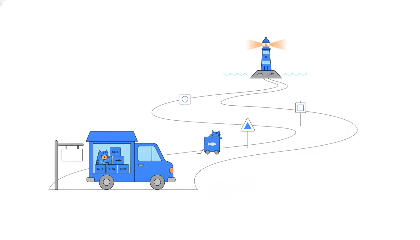A blue delivery van works at the near end of a landscape, a lighthouse glows on the horizon, and one road is chosen among several paths between them.