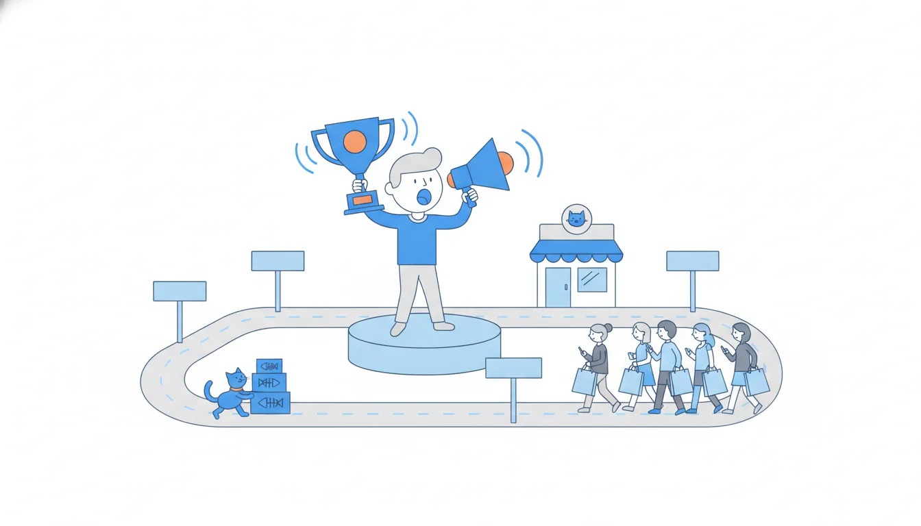 A person on a podium with a trophy shouts through a megaphone while cat owners with shopping bags walk past without looking up.