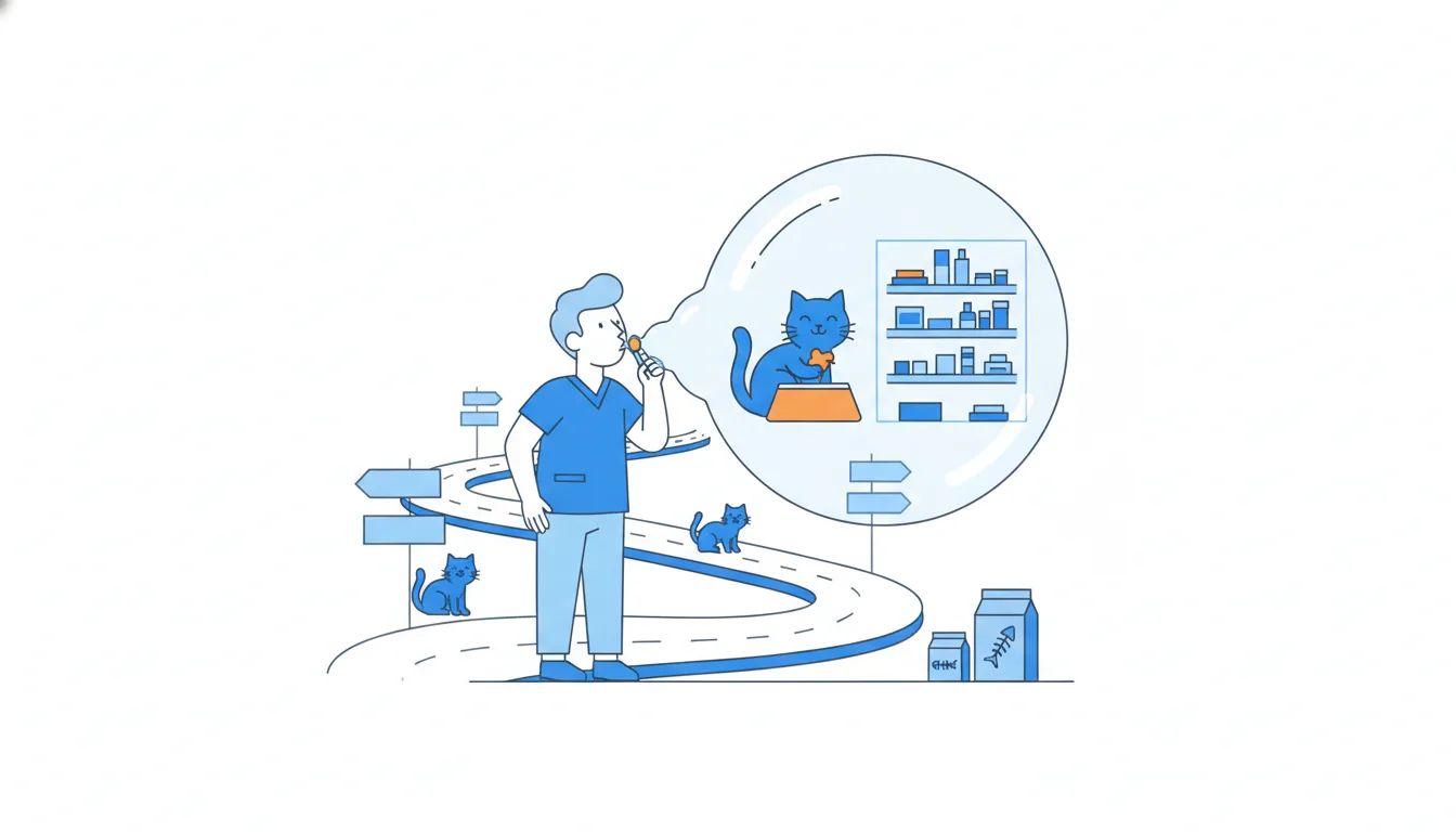 A person blows one large soap bubble; inside it float a cat eating from a full bowl and a neatly stocked clinic shelf.