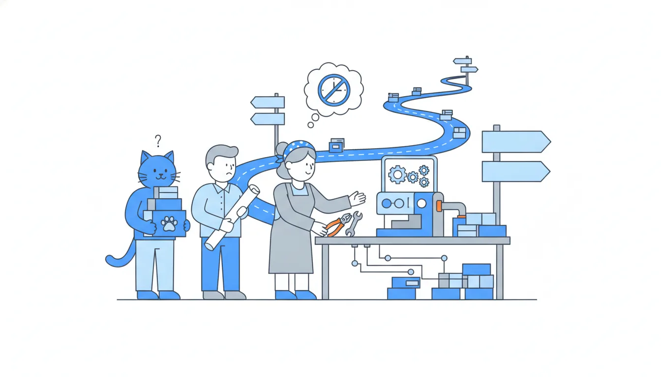 Two newcomers arrive at a busy workbench; the experienced worker puts down her tools to explain the machinery while the half-finished work waits.