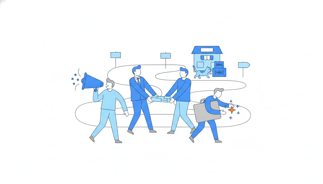Four figures pull a small plan in four directions: one with a megaphone, one in an expensive suit, one hugging a giant briefcase, one reaching for a sparkly object.