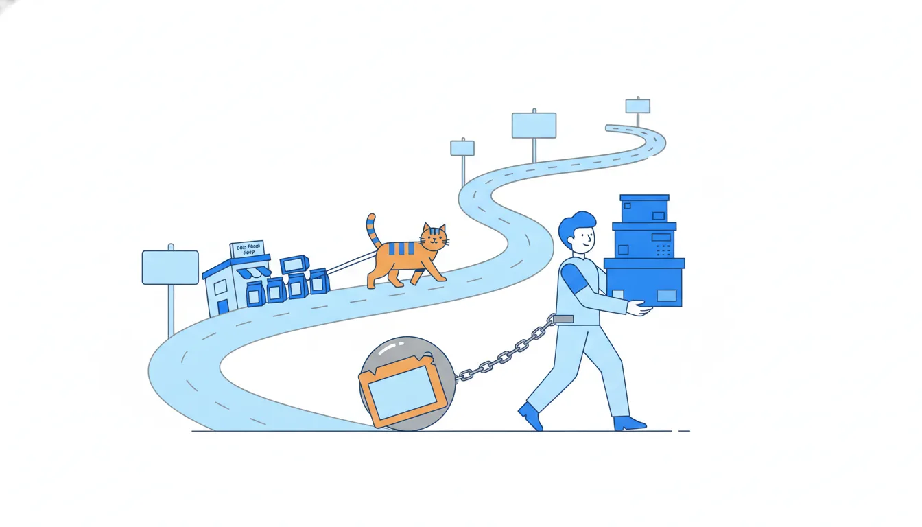 A person walks uphill carrying new boxes while dragging a heavy ball and chain shaped like an old gift card.