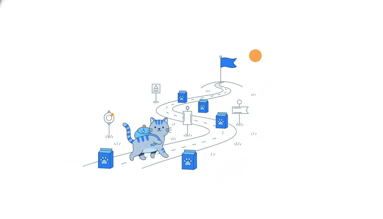 A cat walks a winding road towards a flag on a hilltop, passing blank signposts and blue boxes of cat food, under an orange sun.