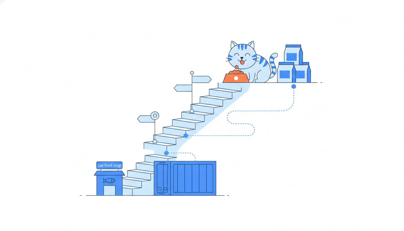 A blue shipping crate sits at the foot of a staircase, and at the top a happy cat eats from a full orange bowl.
