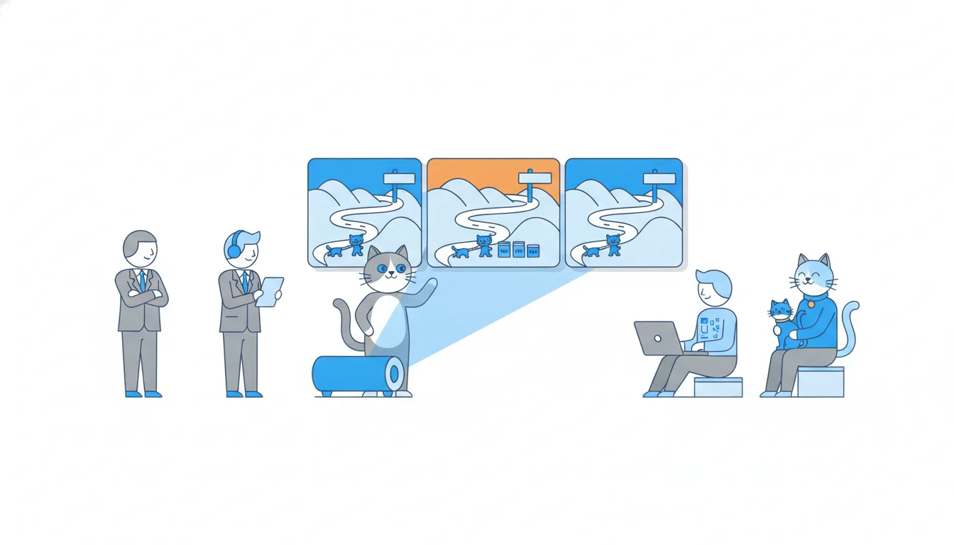 One road map projected onto four screens for different viewers: a person in a suit, one with a headset, one with a laptop and a cat owner.