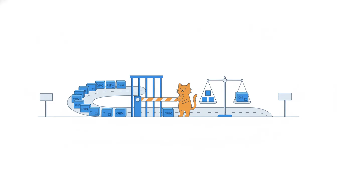 A narrow gate on the road lets only a few blue cat-food boxes through while a long queue waits, with a balance scale and a cat at the barrier.