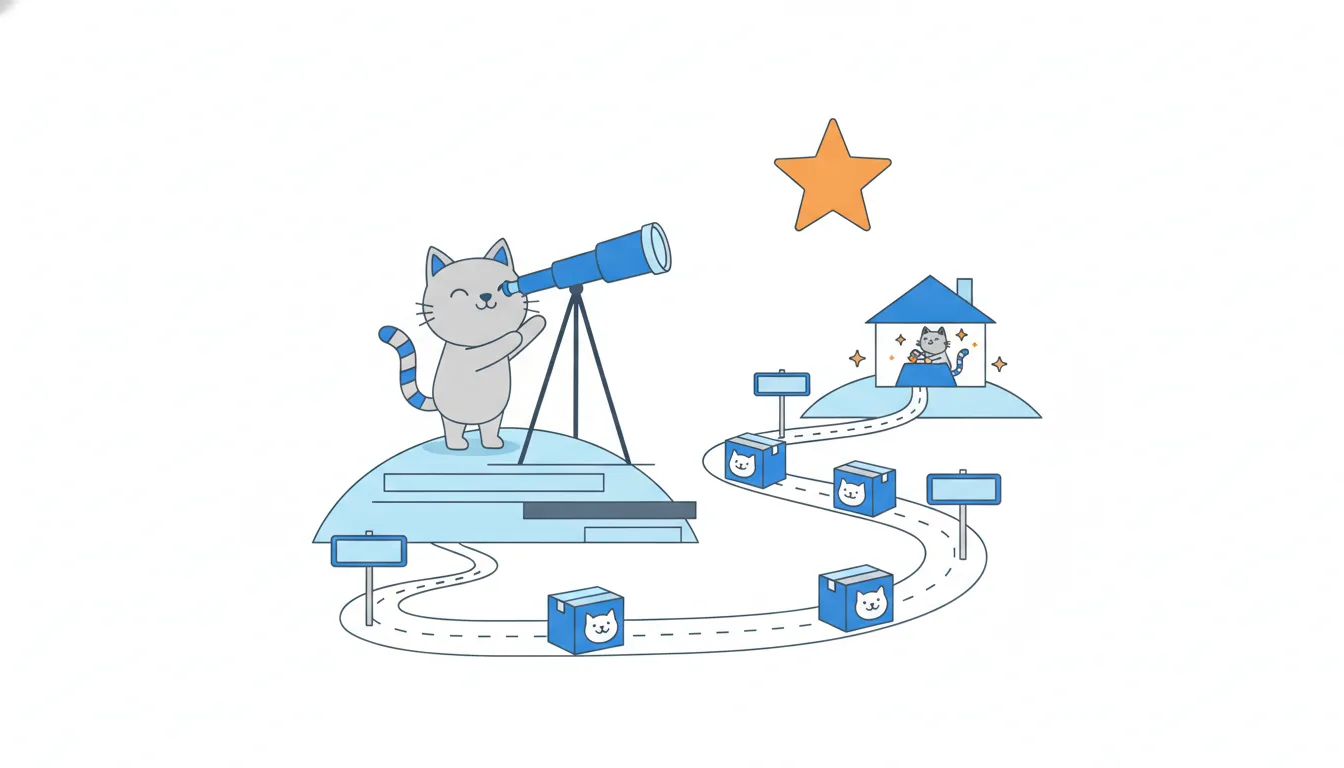 A cat looks through a telescope on a hill at a bright orange star above a distant home where a cat eats from a full bowl.
