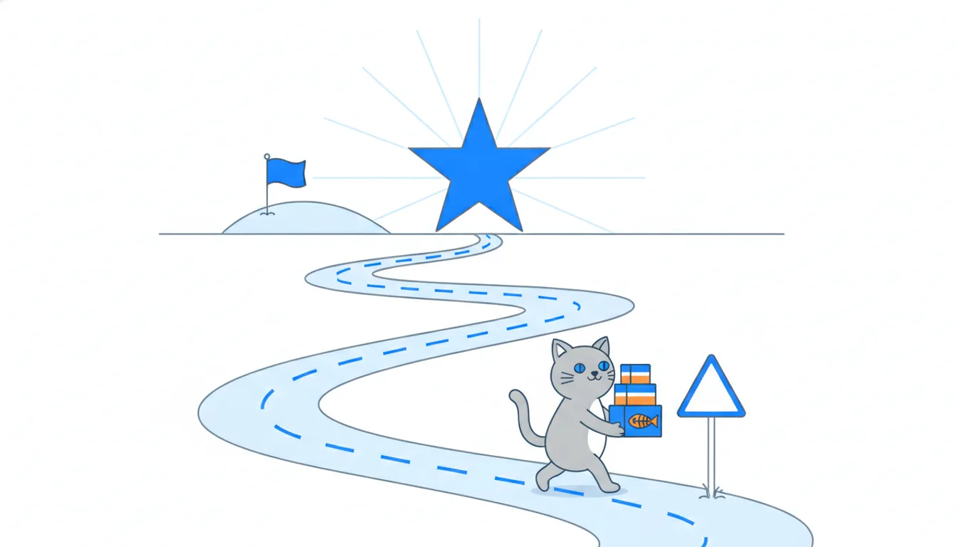 A road scene with a star on the horizon, a flag on a hill, three lanes, sections fading into the distance and a small warning triangle, with a cat in front.