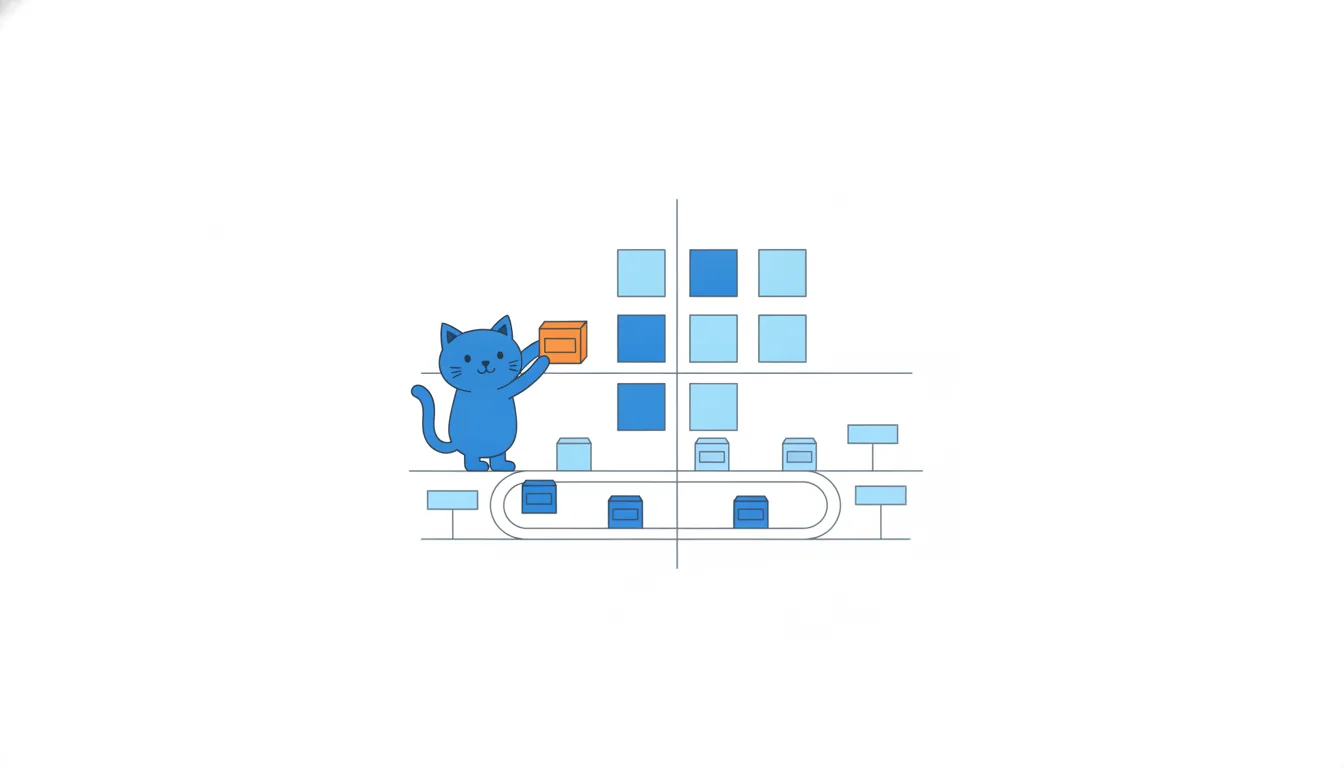 Boxes of different sizes on a plain two-axis grid with no labels, and a cat placing an orange box in the top-left corner.