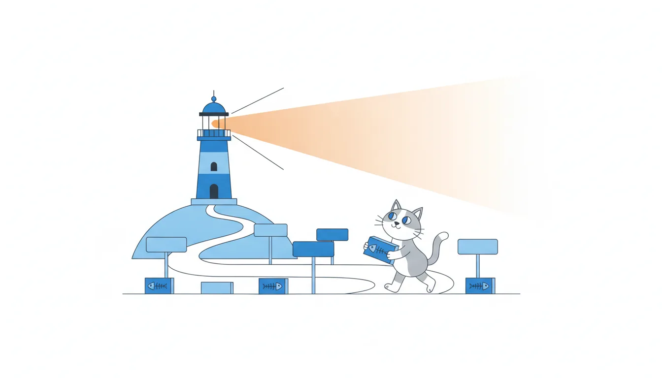 A lighthouse on a hill casts an orange beam along the winding road below, and a cat with a box of cat food looks up at it.