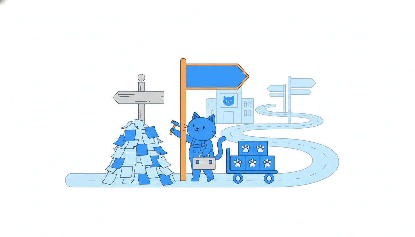 An old signpost buried under sticky notes stands by the road while a cat with a toolbox sets up a clean new orange signpost.