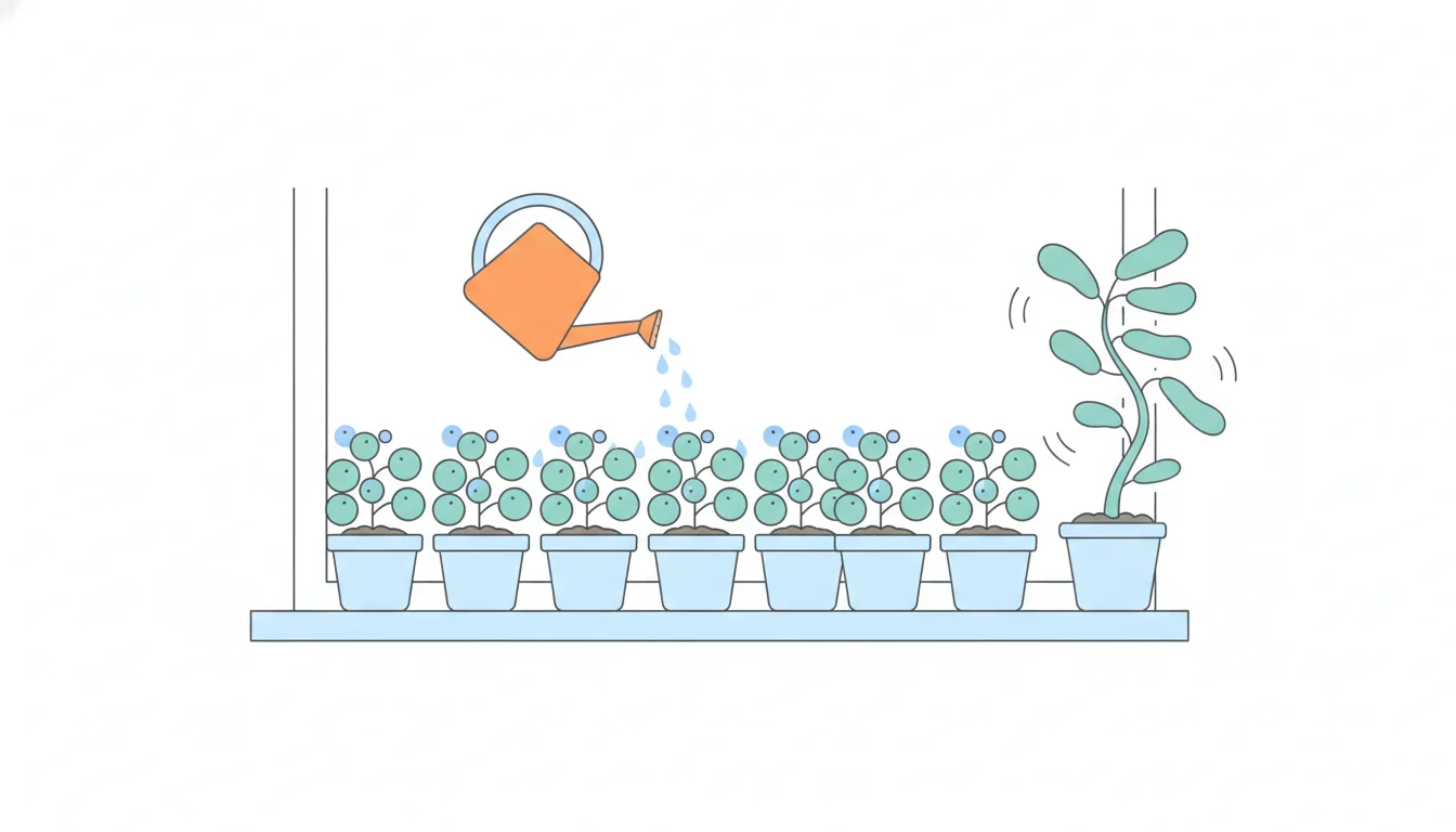 An orange watering can waters a long row of small potted plants with round leaves, while one tall plant wobbles alone at the end of the windowsill.