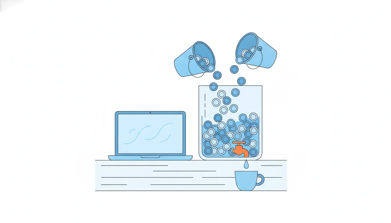 Buckets pour coins unevenly into a large glass tank, and an orange tap at its bottom drips a steady stream into a cup next to a laptop.
