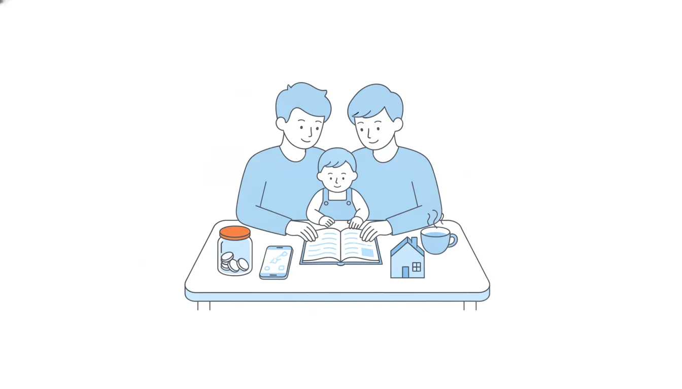 Two parents and a toddler at a kitchen table look at an open notebook, next to a phone, a small house-shaped money box, a cup of tea and a savings jar with an orange lid.