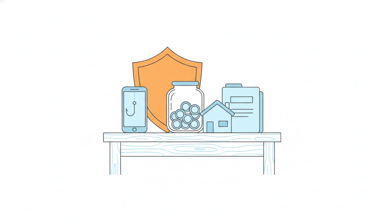 An orange shield stands behind a savings jar, a house-shaped money box and a folder of documents, next to a phone with a fishing hook on its screen.