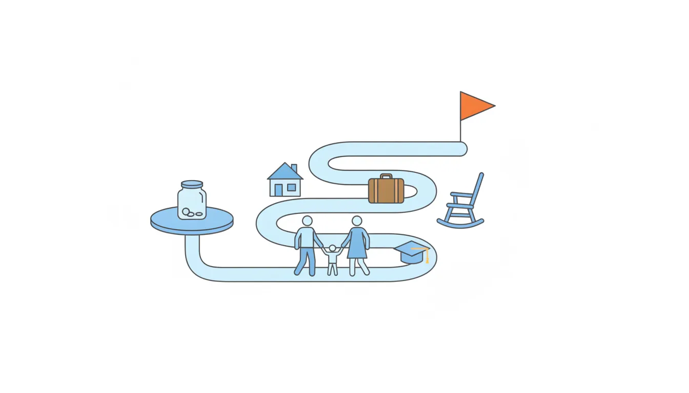 A family walks a winding path from a savings jar past a house, a suitcase, a graduation cap and a rocking chair toward an orange flag.