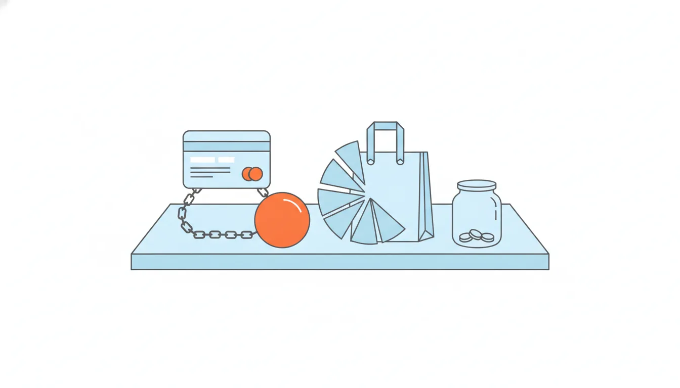 A bank card is chained to a heavy orange ball on a kitchen table, beside a shopping bag cut into equal slices and an almost empty savings jar.