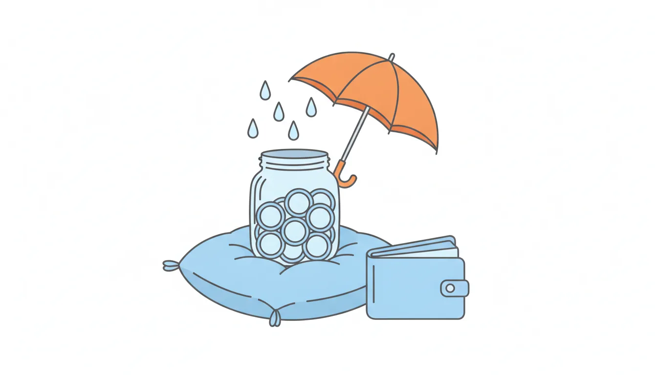 A jar full of coins rests on a soft cushion under an orange umbrella as rain starts to fall, next to a wallet.