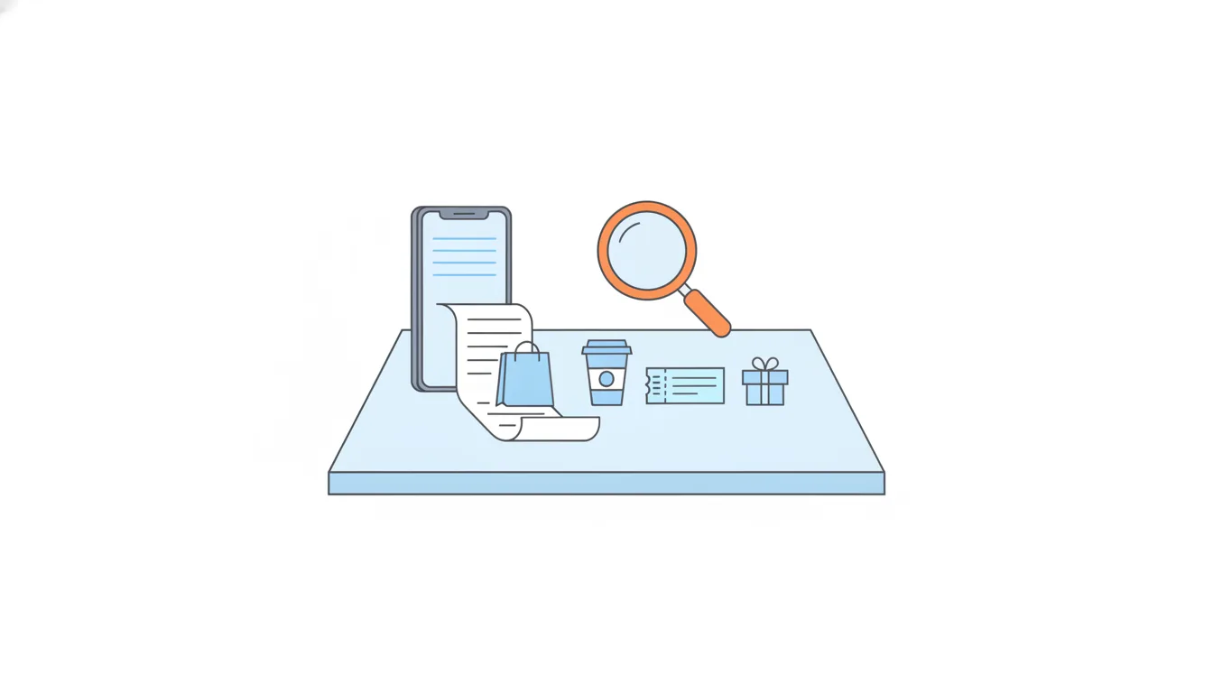 A long receipt unrolls from a phone on a kitchen table toward a shopping bag, a coffee cup, a bus ticket and a small gift, with an orange magnifying glass above them.