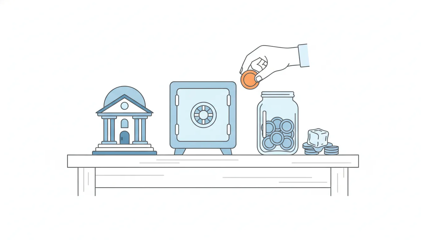 A hand holds an orange coin above a table with a small bank building, a safe and a glass jar, while an ice cube melts on a stack of coins.