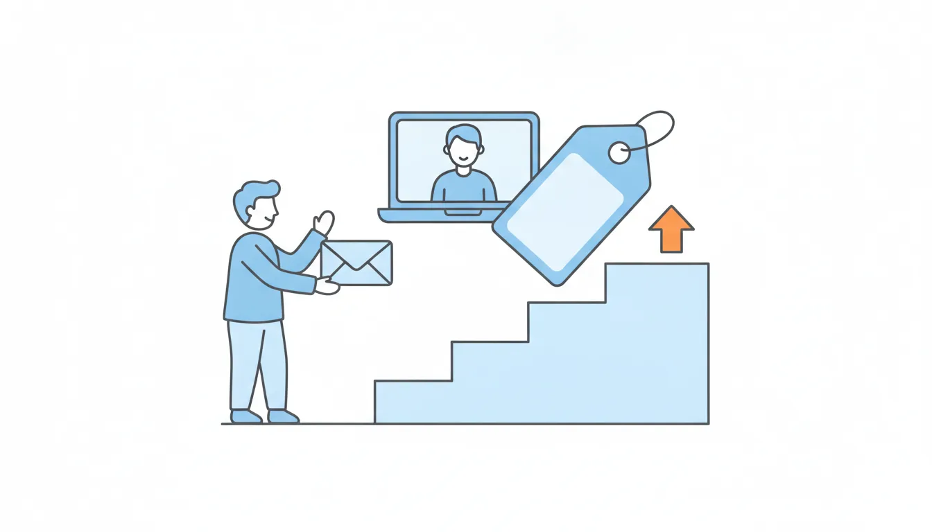A tutor hands an envelope with a friendly wave, while a price tag rises above a staircase toward a small orange arrow pointing up.