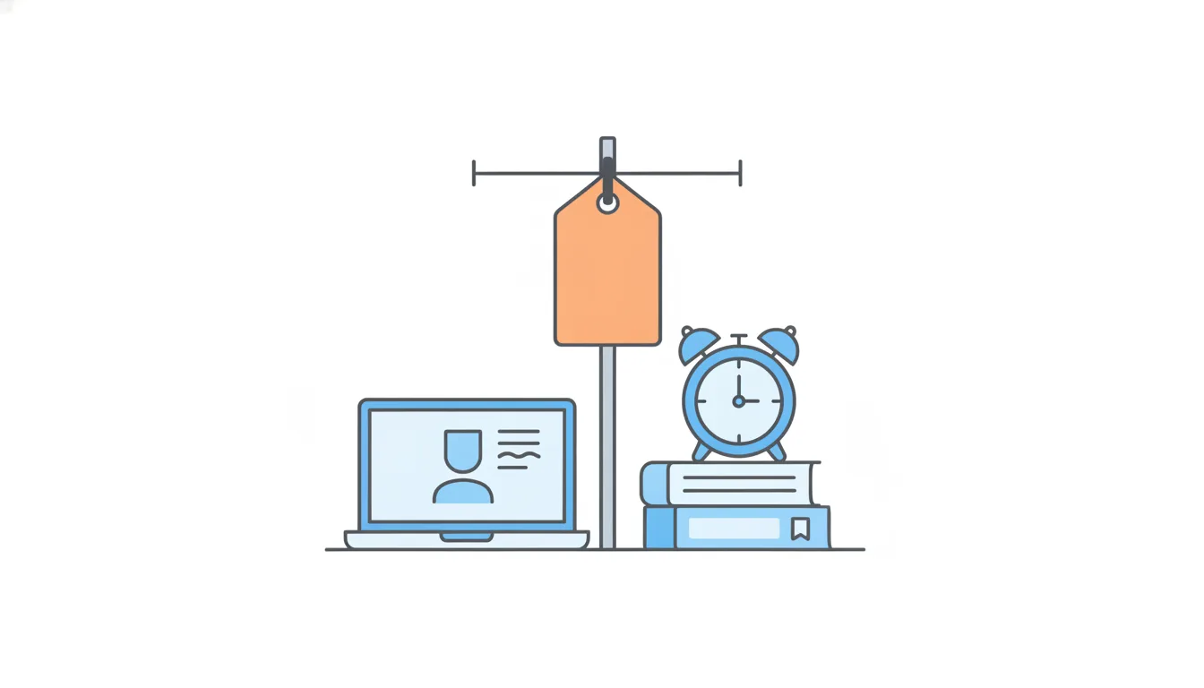 A blank orange price tag hangs on a rail between a lower and an upper bar, next to a laptop with a tutor and an alarm clock on a stack of books.