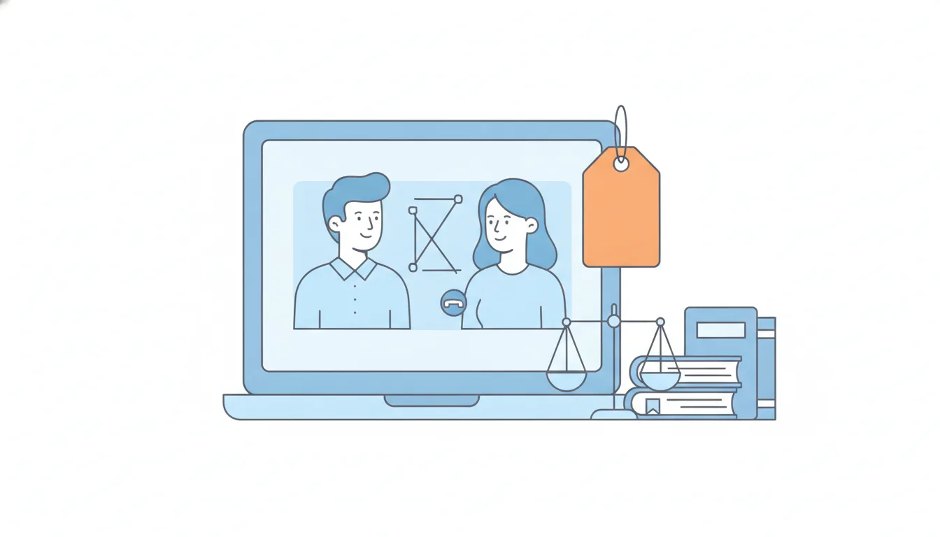 A tutor and a student smile on a laptop video lesson, with a blank orange price tag hanging from the laptop next to a balance scale and a stack of textbooks.