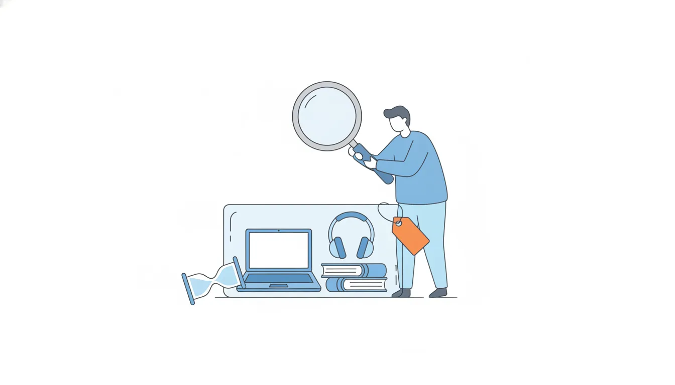 A man studies a glass case holding a laptop, headphones and books through a magnifying glass, with an orange price tag tied to the case and an hourglass tipped over beside it.