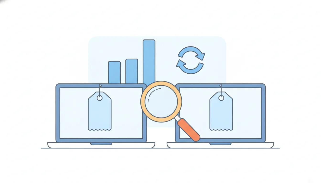 An orange magnifying glass compares two laptops, each showing a blank price tag, in front of a simple bar chart and a circular refresh arrow.