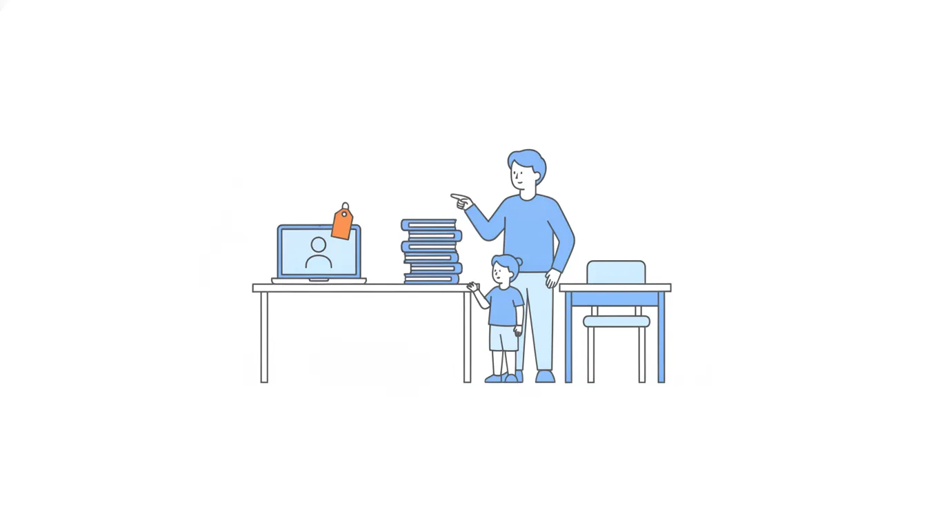 A parent and a child weigh up three options: a laptop with an online tutor and an orange price tag, a stack of workbooks and an empty desk for a home tutor.