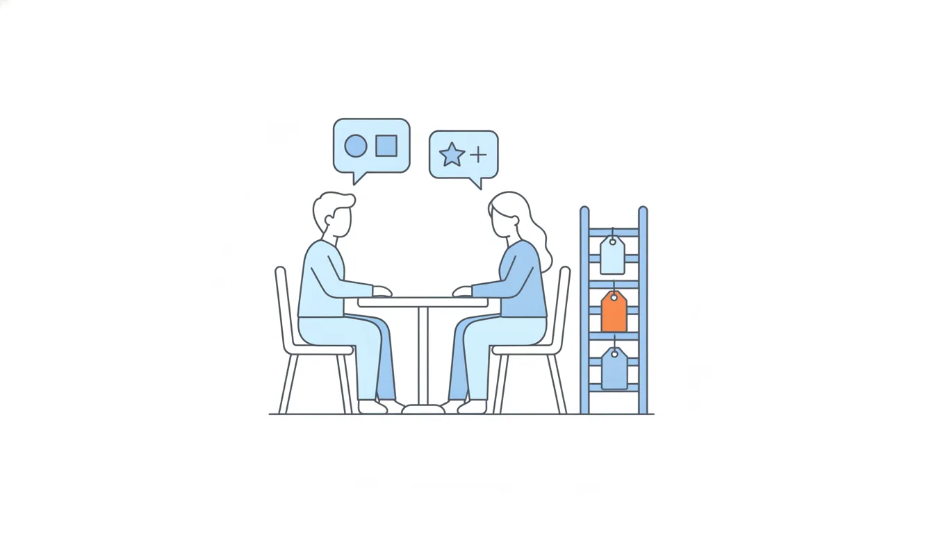 A tutor and a parent talk across a small table, next to a ladder of blank price tags with an orange one on the middle step.