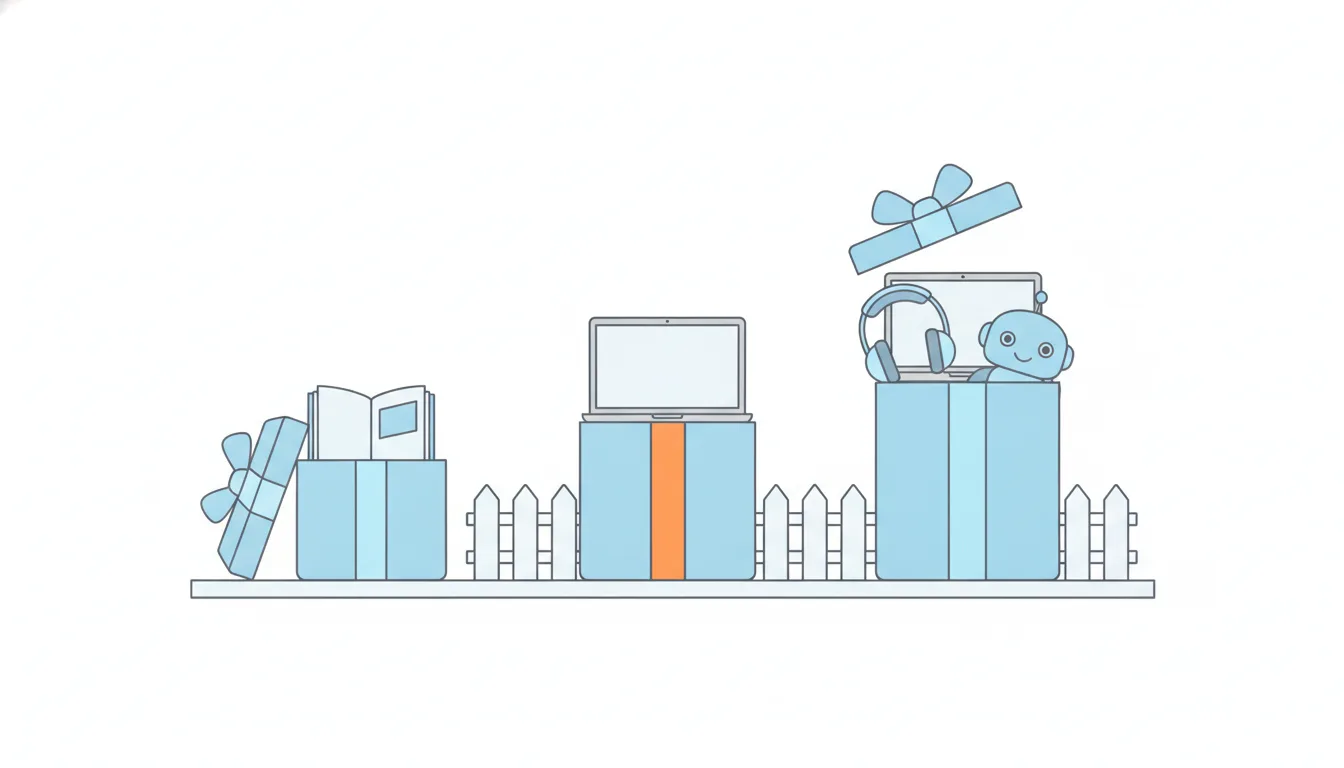 Three gift boxes of growing size stand between small fences: a book in the first, a laptop in the middle box with an orange ribbon, and a laptop, headphones and a friendly robot in the largest.
