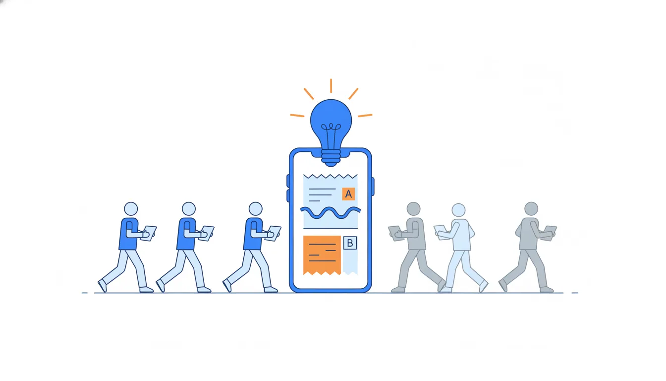 An orange light bulb flashes above a phone as a user splits a first receipt; those who saw it walk on, others drift away in gray.