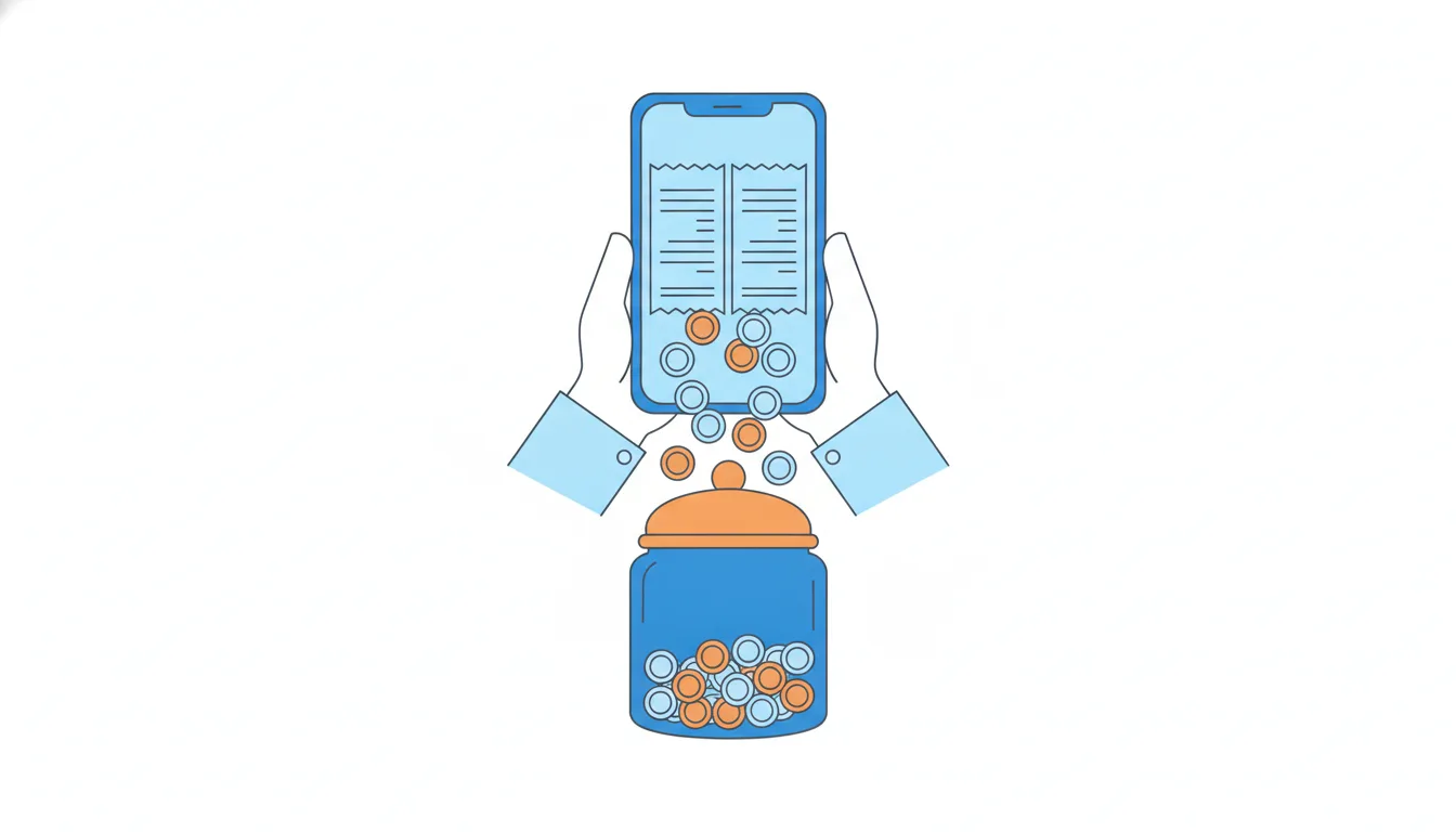 Coins spill from the two halves of a receipt on a phone into a blue coin jar with an orange lid.