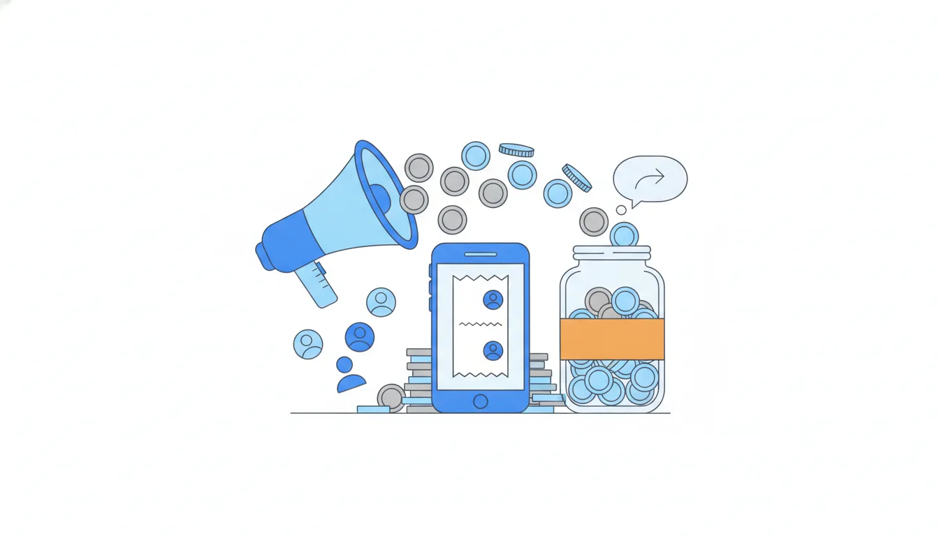 A megaphone pours out coins to buy users, and over time coins flow back from a phone into a jar until they reach an orange break-even line.