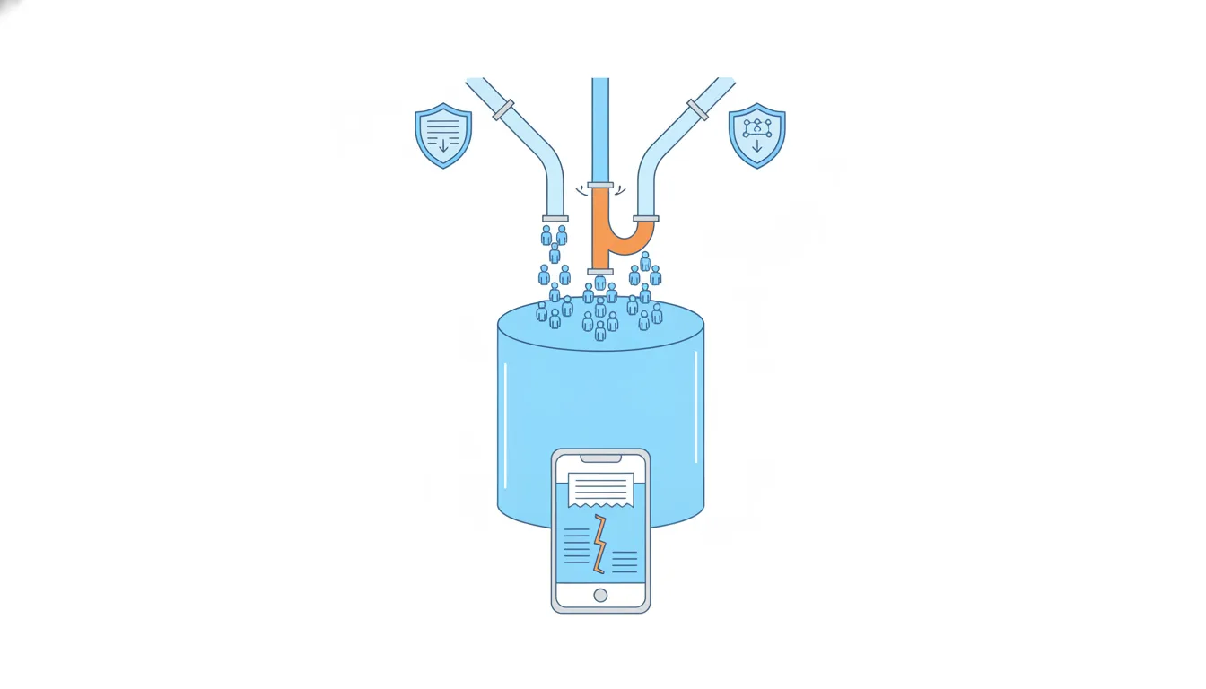 Several pipes pour small figures into a blue tank; one narrows and turns orange as it is pushed harder, with small shields over two pipes.