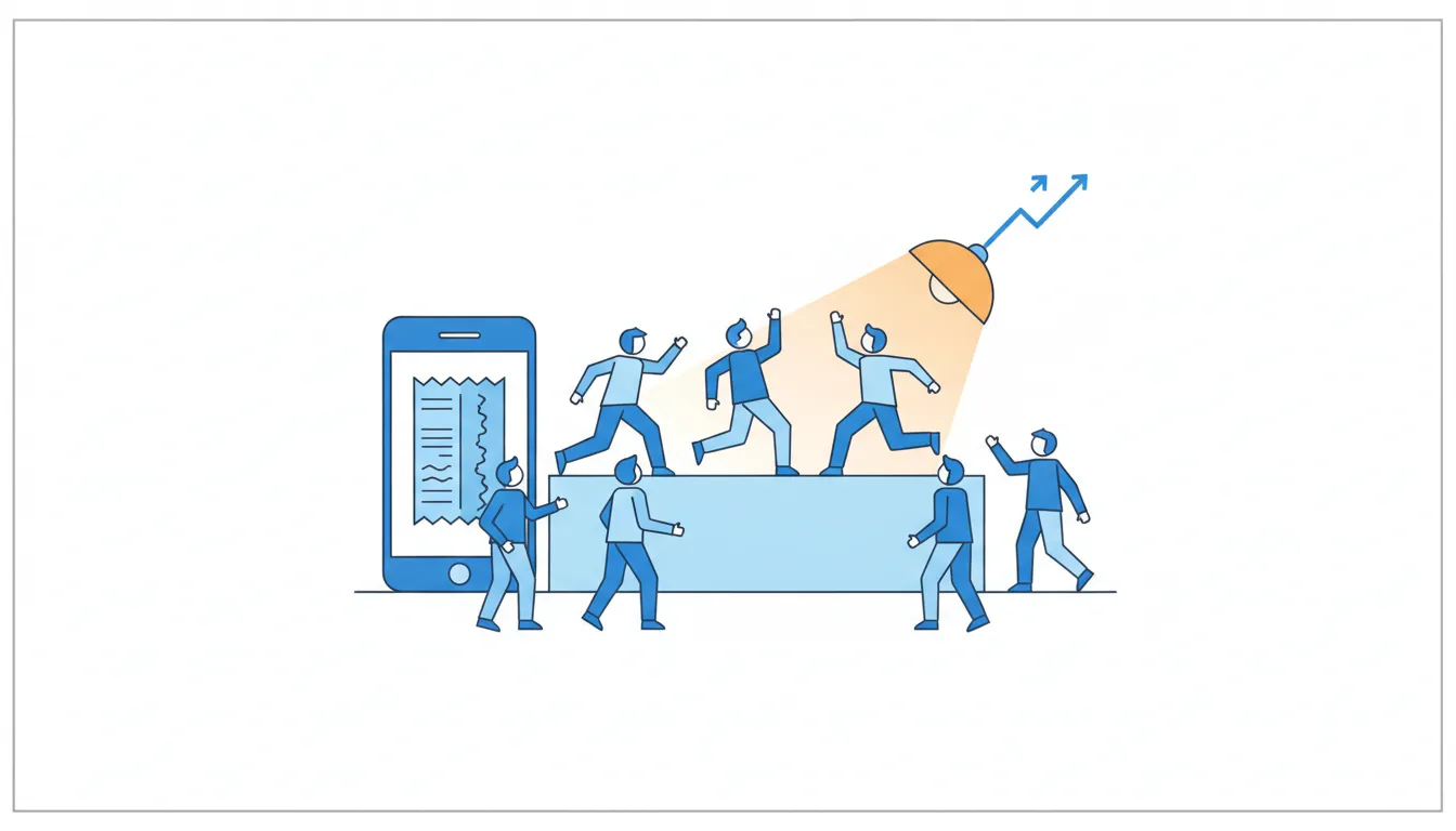 Eager figures step onto a raised platform by choice while others stay below, and a hidden orange lamp lights both the platform and a rising line.